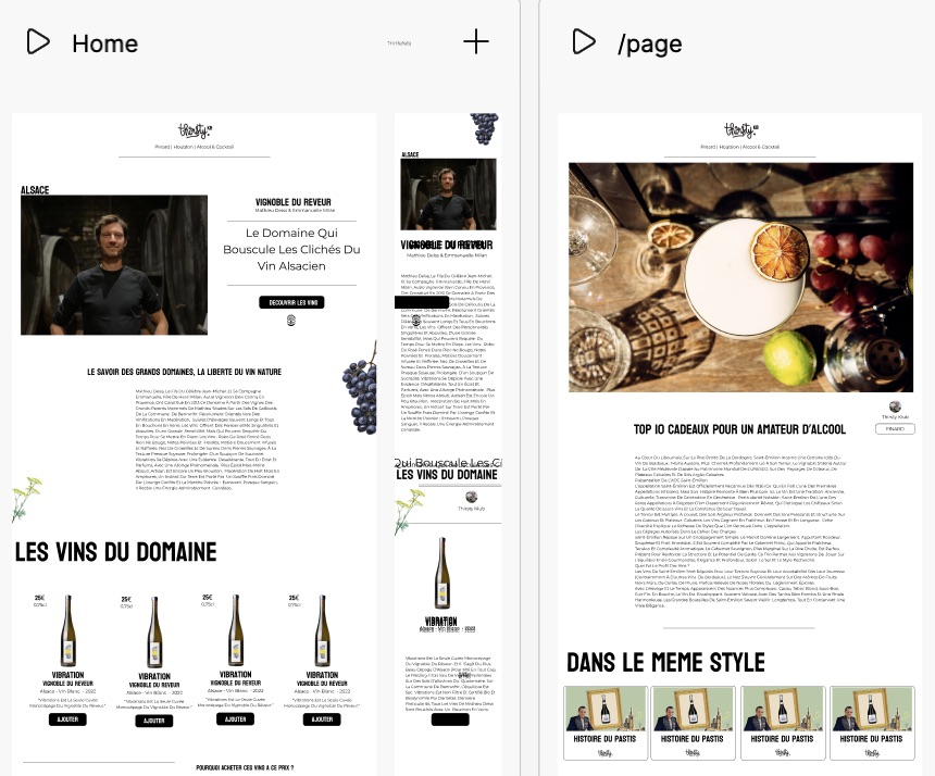 Maquettes sur mesure du site Thirsty — pages Home et détail