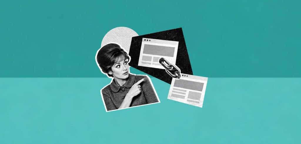 Collage : une femme montre deux pages web reliées par une chaîne, pour illustrer ce qu’est un backlink