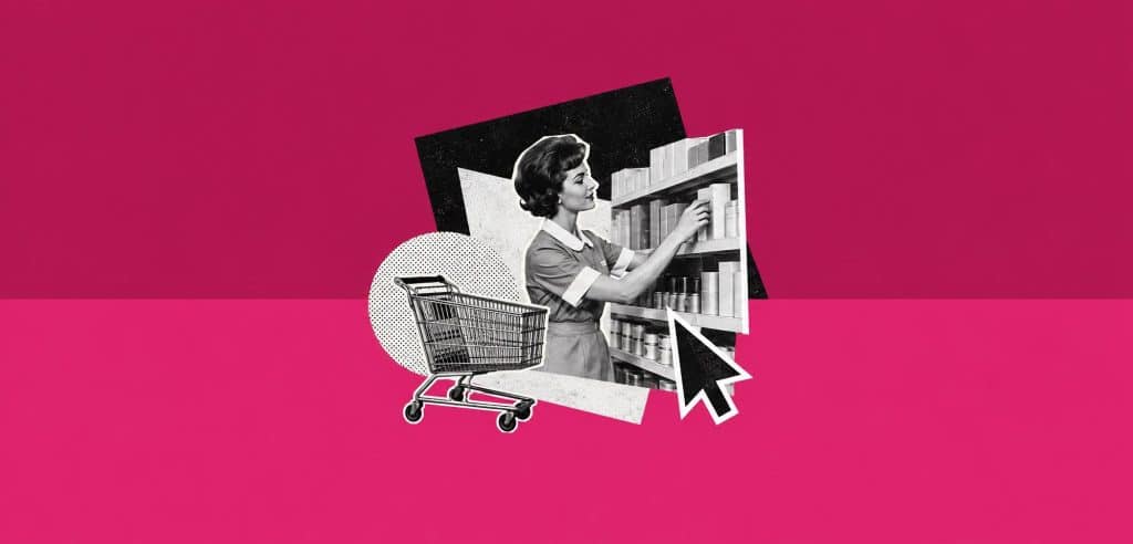 Collage : une vendeuse range des rayons par catégorie, avec un chariot et un curseur, pour illustrer la page catégorie e-commerce