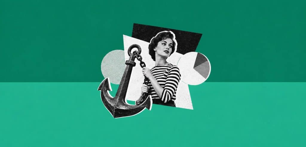 Collage : une femme en marinière tient une ancre de bateau et sa chaîne, à côté d’un camembert, pour illustrer les ancres de liens
