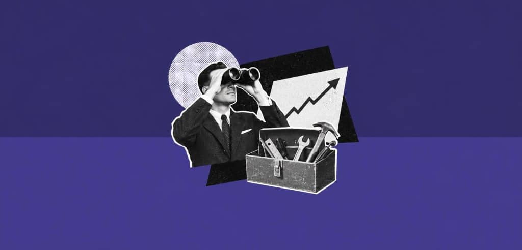 Collage : un homme aux jumelles, une boîte à outils et une courbe qui monte, pour illustrer l’usage de Semrush en SEO