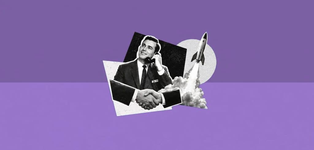 Collage : un homme au téléphone, une poignée de main et une fusée qui décolle, pour illustrer le recours à une agence SEO