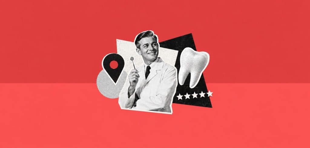 Collage : un dentiste souriant, une dent, une épingle de carte et cinq étoiles, pour illustrer la fiche Google Business d’un dentiste