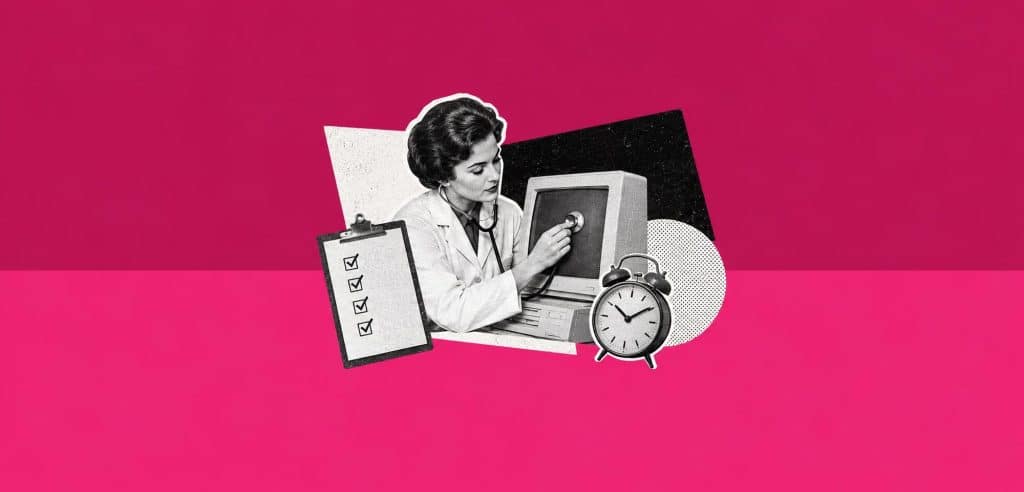 Collage : une médecin ausculte un écran d’ordinateur, avec une liste cochée et un réveil, pour illustrer l’audit SEO