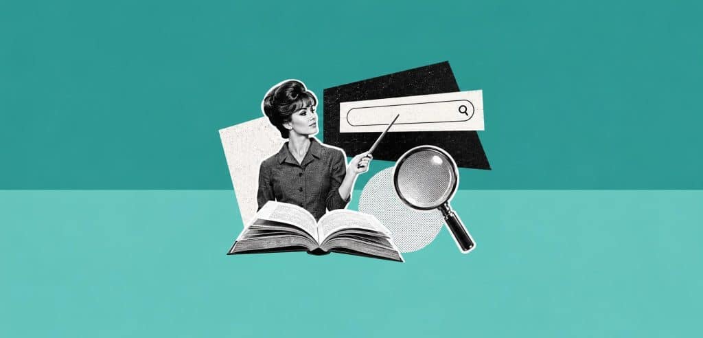 Collage : une enseignante désigne une barre de recherche, avec un livre ouvert et une loupe, pour illustrer la définition du SEO