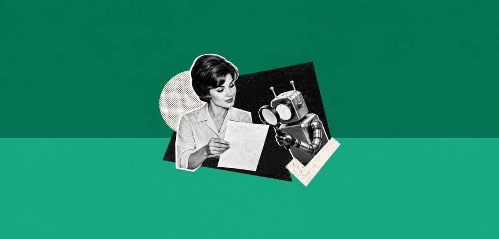Collage : une femme tend une page à un robot qui l’examine à la loupe, avec une coche de source retenue, pour illustrer le référencement sur ChatGPT