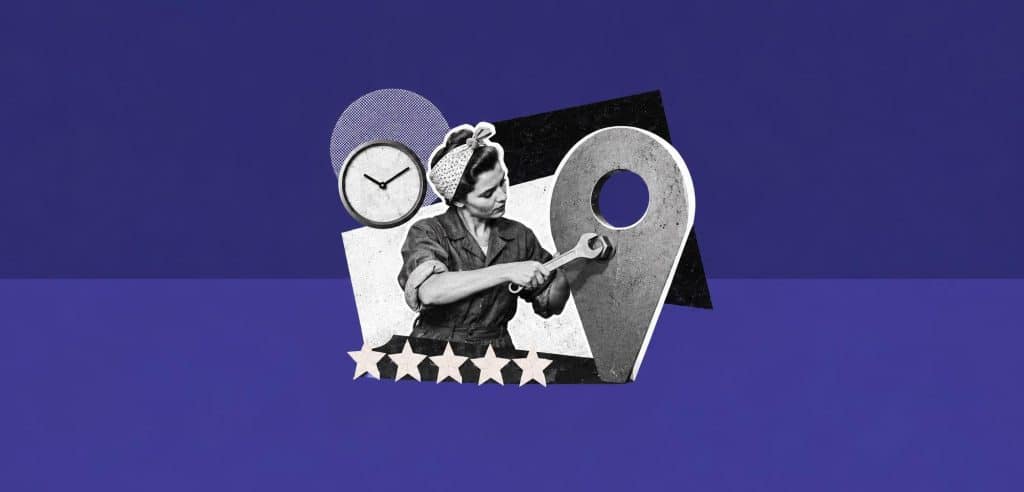 Collage : une femme en bleu de travail serre à la clé un boulon sur une grande épingle de carte, près d'une horloge et de cinq étoiles, pour illustrer l'optimisation d'une fiche Google